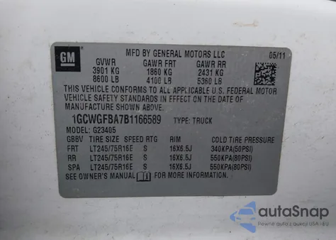 2011 Chevrolet Express 2500 Work Van z USA, uszkodzony, nr VIN 1GCWGFBA7B1166589